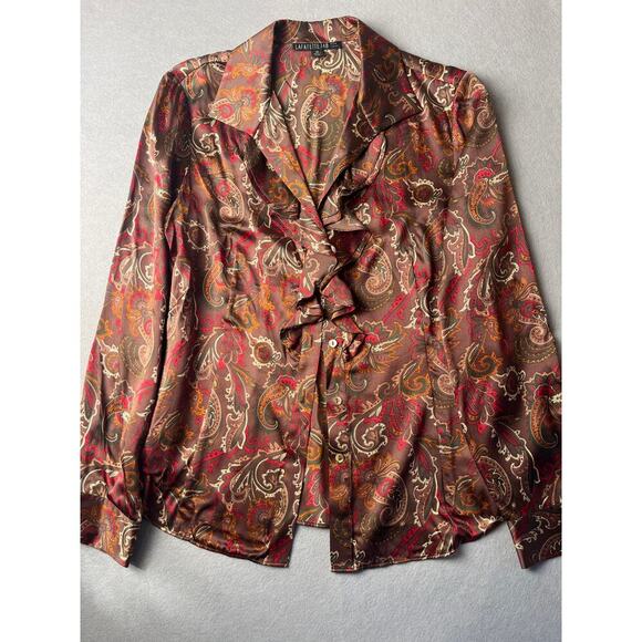 Lafayette 148 New York Tops - Lafayette 148 Paisley brown silk button up ruffled blouse, Size 10